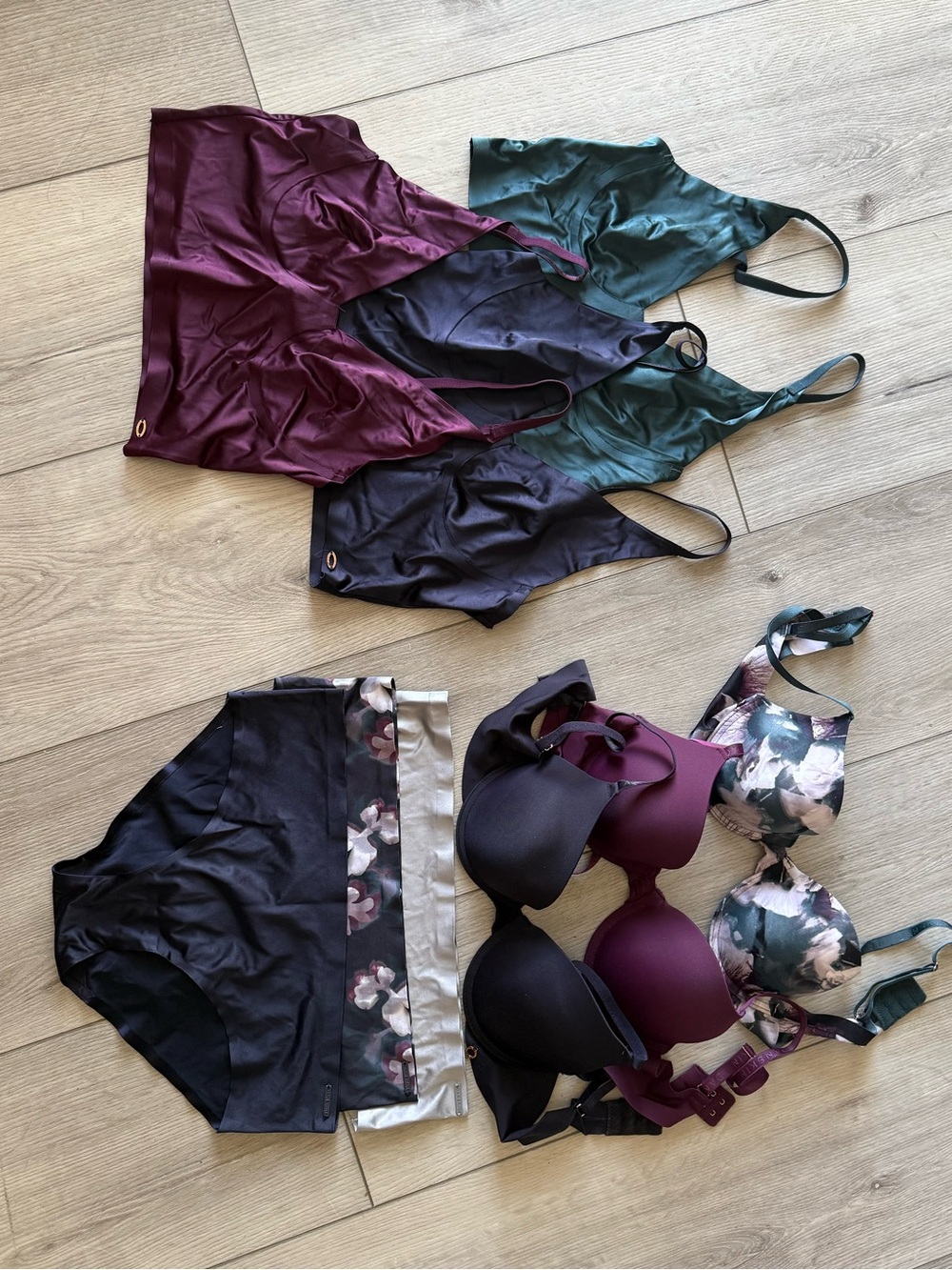 Danskin Satin Bralette & Panty Multi-Pack in Plum, Teal, Black, Floral